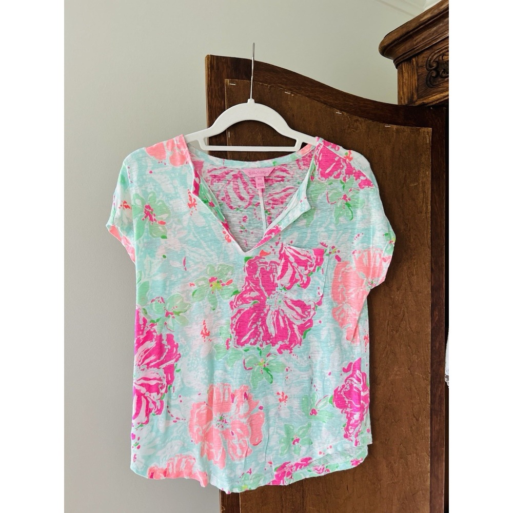 LILLY‎ PULITZER Women's XXS Duval 100% Linen Beachy Floral Resort Tropical Top